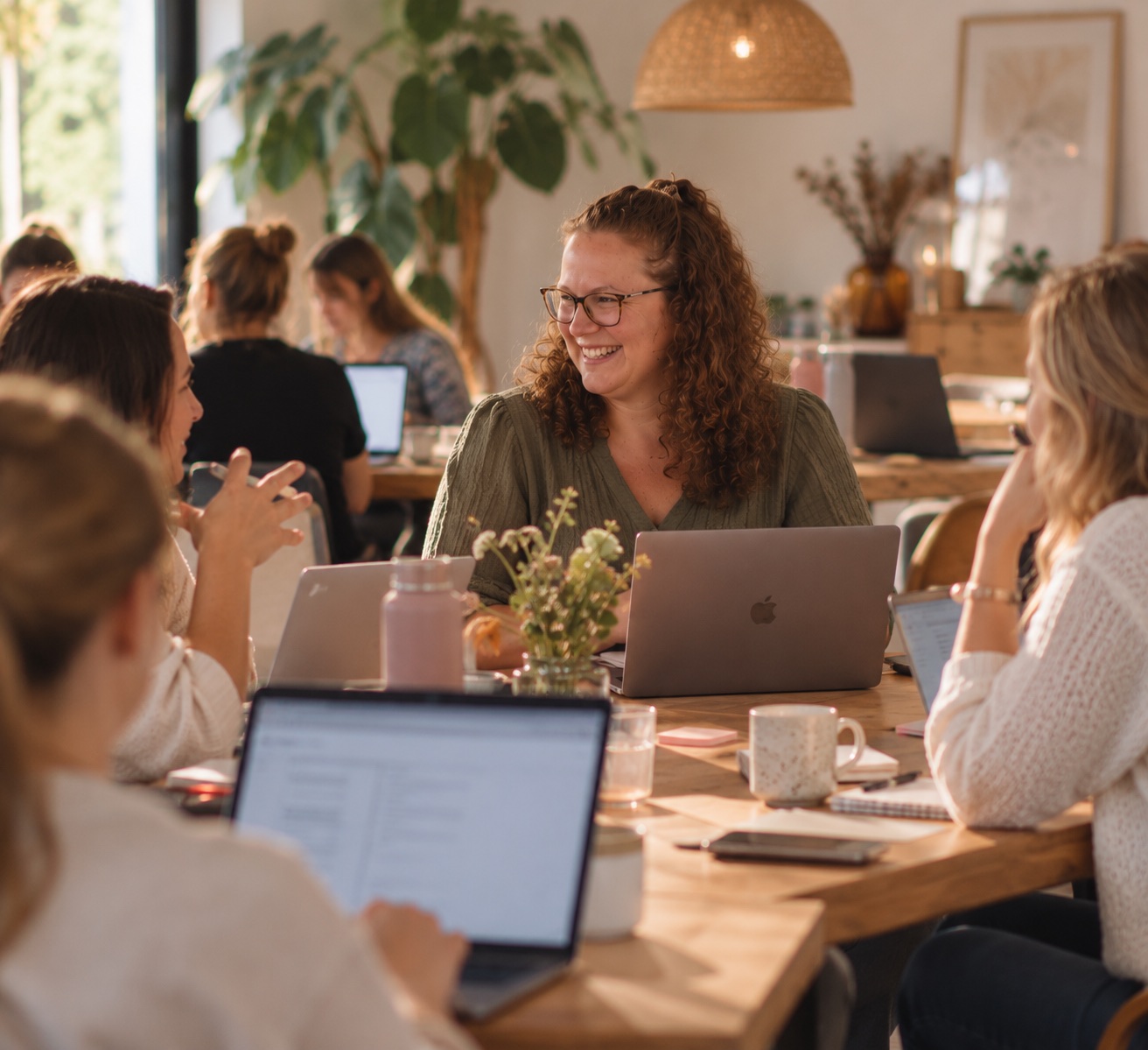 Trisha aan tafel met een kleine groep, laptops en koffie